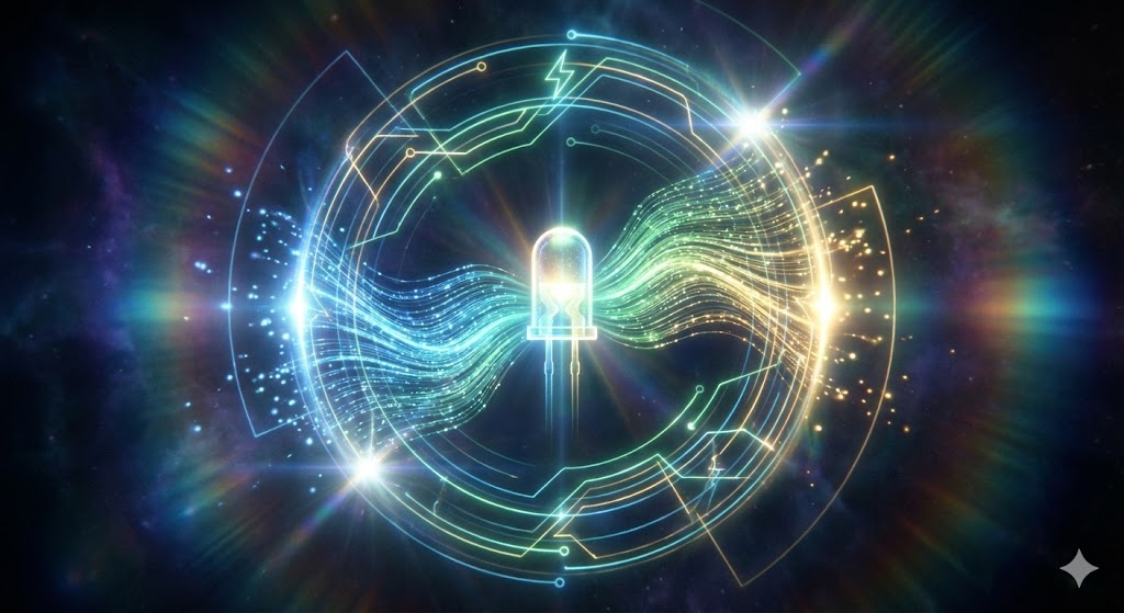 LEDの光、色の変化、省エネイメージを円形構図でまとめた未来的な抽象イメージ