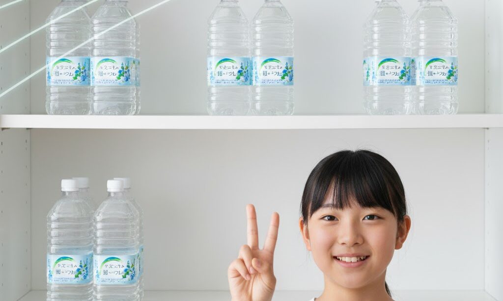 3日分の水を棚に並べて確認する家族の実写風イメージ。最低限の水備蓄量を示すシーン。