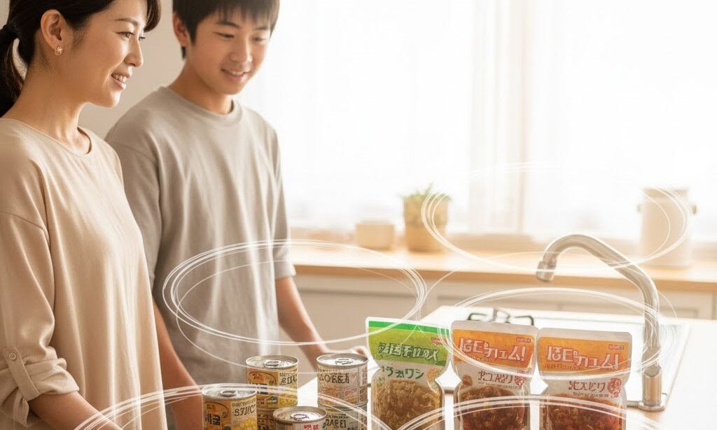 保存食が腐らない理由を示す、缶詰やレトルト・乾物が並んだ実写風イメージ。酸化防止や密封のしくみを学ぶシーン。