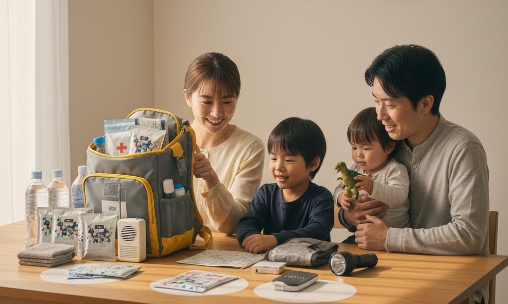 防災リュックを囲んで、災害に備えるファミリー