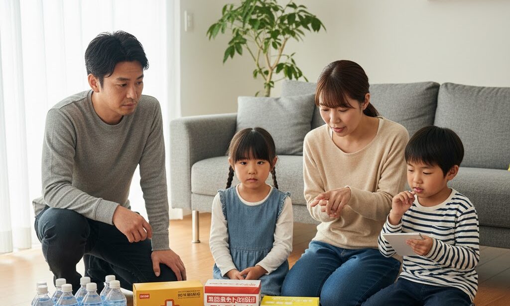 備蓄を家庭で確認している家族