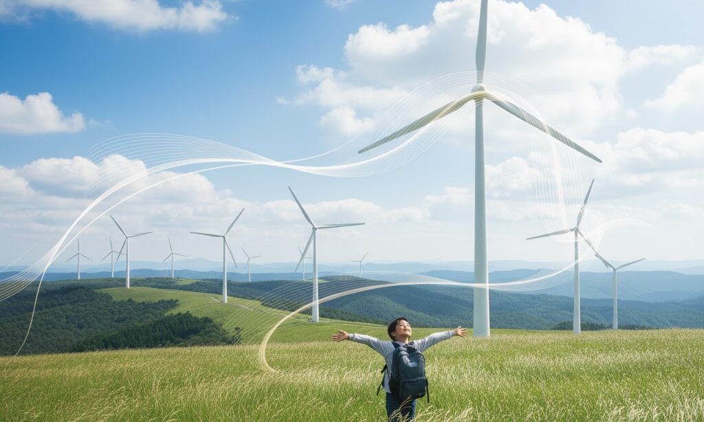 風の運動エネルギーで回転する風力タービンと吹き抜ける草原のイメージ