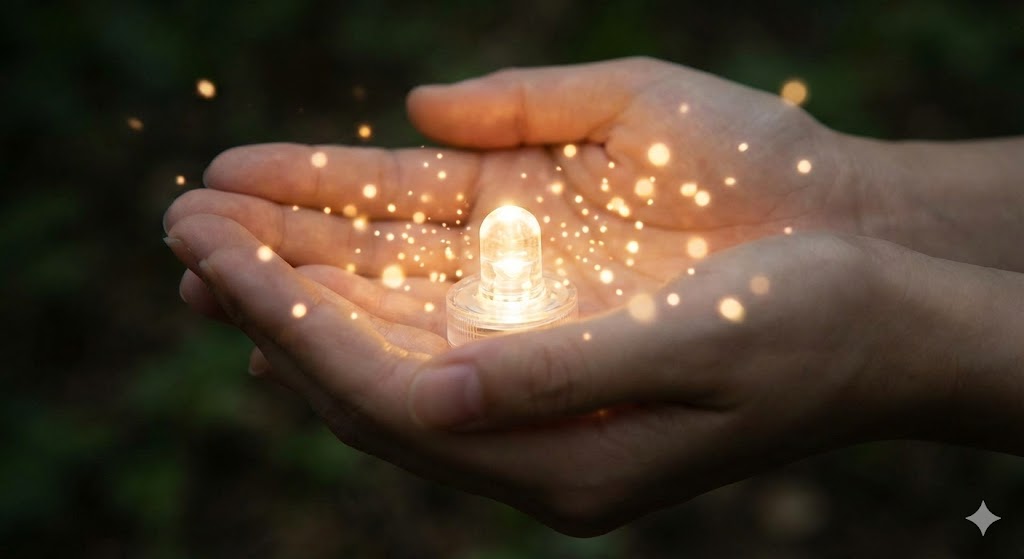 LEDライトを手に持ち、柔らかく光が広がる様子を実写風に表現したイメージ