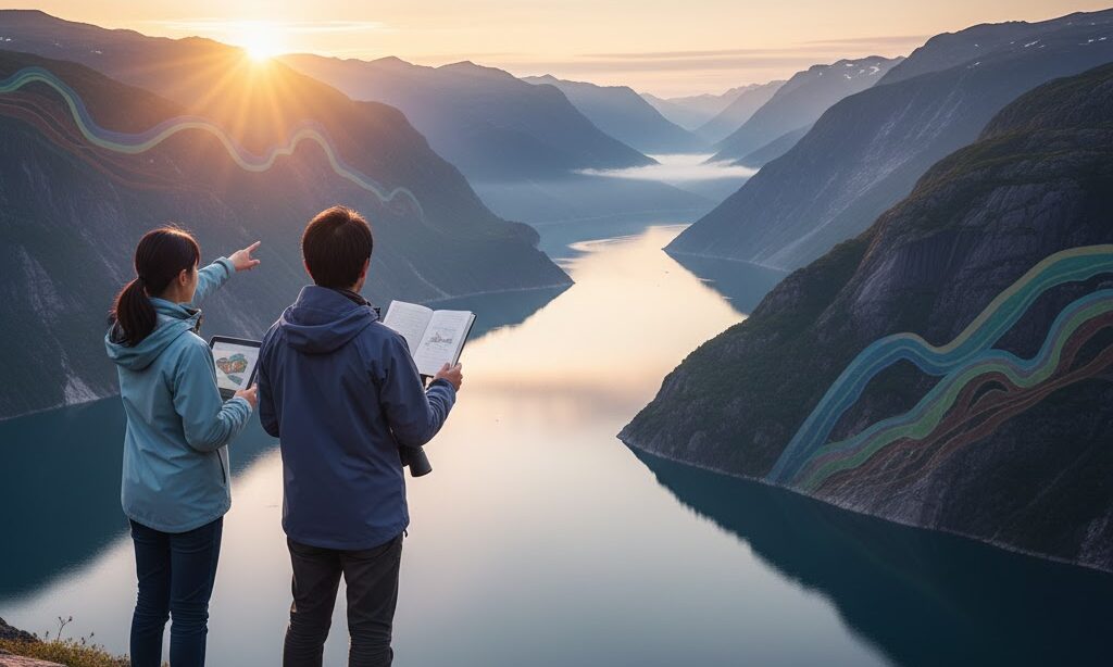 防災士と一緒にフィヨルドのでき方を学ぶ風景。U字谷の海岸を観察する日本人の後ろ姿の写真