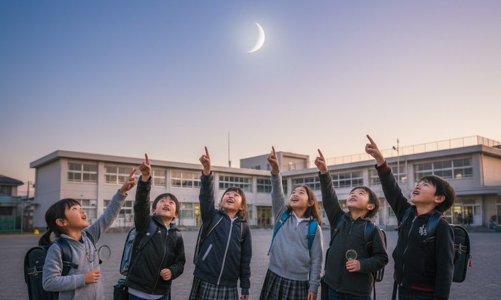 夜空を見上げて月を観察する小学生の様子|月について学ぶイメージ
