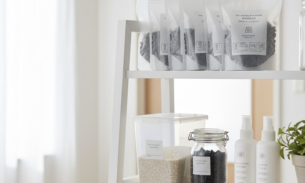 携帯トイレ用防臭袋や猫砂を使って臭い対策をしている清潔な収納イメージ