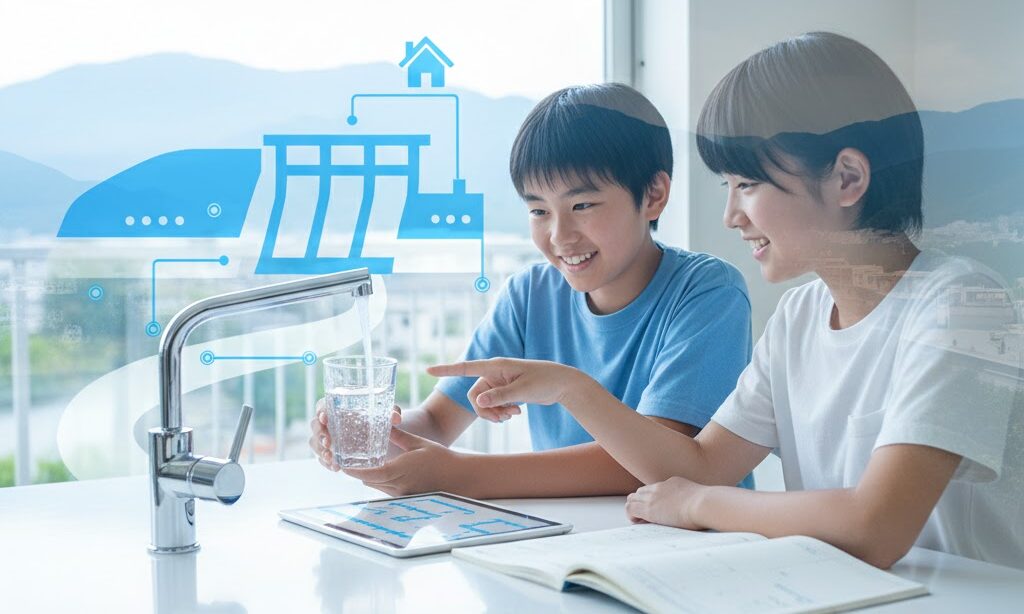 トイレの水はどこから来るかを学ぶ親子 上水道の仕組みと水の流れをやさしく学ぶシーン