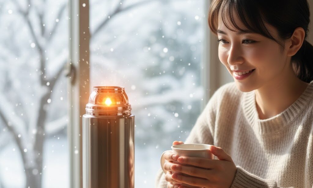 魔法瓶とアルミブランケットの共通原理を説明するイメージ 魔法瓶の銀色反射面で体温を守る仕組み