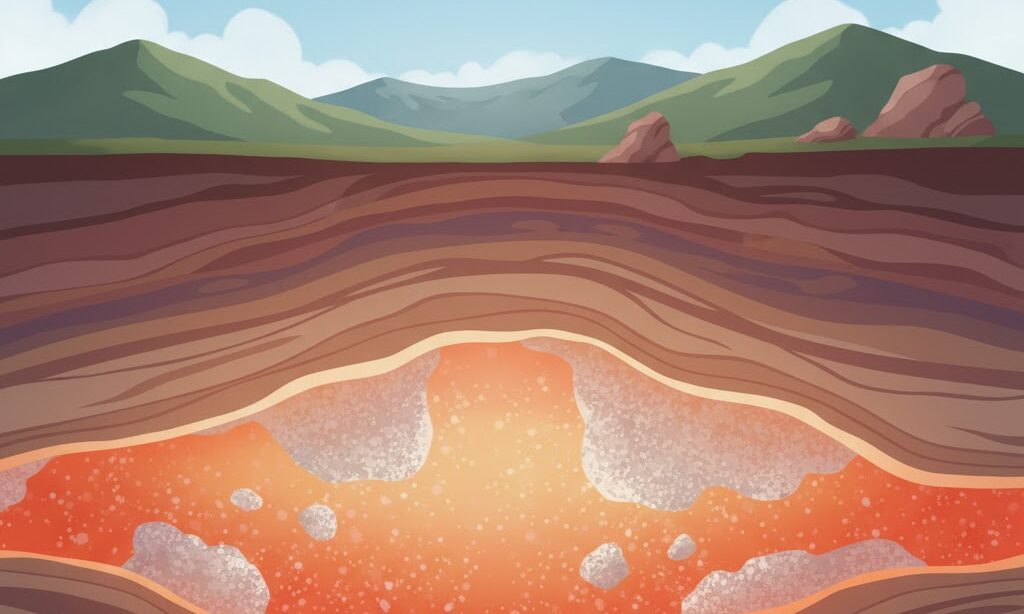 地下深くでマグマがゆっくり冷えてできる花崗岩の成り立ちを示す実写風イメージ。地層の断面とマグマの層を表現。