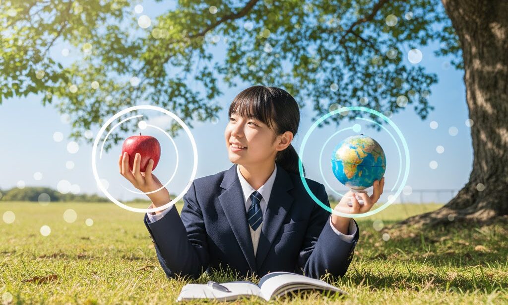 リンゴと地球模型を手に持ち引力と重力の違いを考える中学生の実写風写真