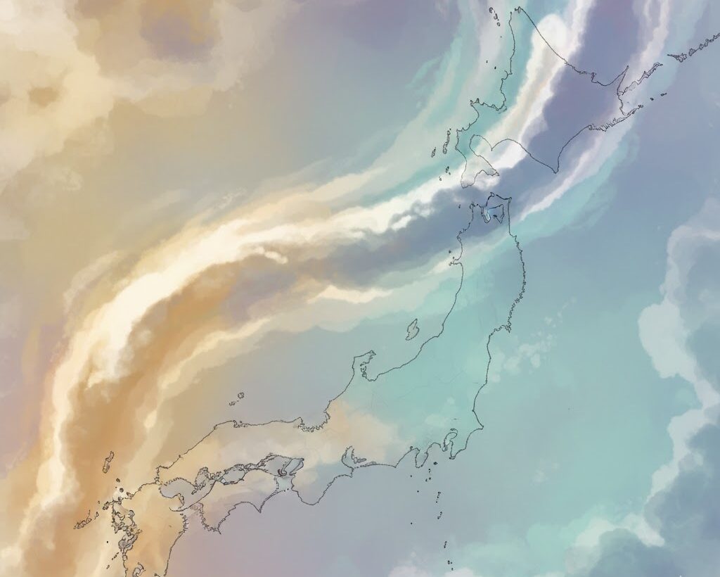 停滞前線のでき方を簡単に示した雲の分布イメージ写真