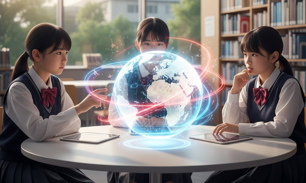 中学生が地球温暖化の原因について簡単に学習している様子