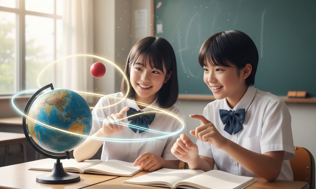 中学生が地球儀とボールを使い引力と重力の仕組みを考えている実写風のイメージ