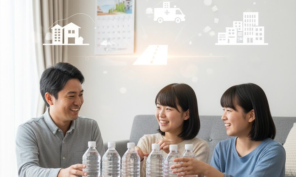 水を3日分備蓄する理由を家族で話し合う様子。救助活動と水備蓄の関係をイメージした実写風写真。