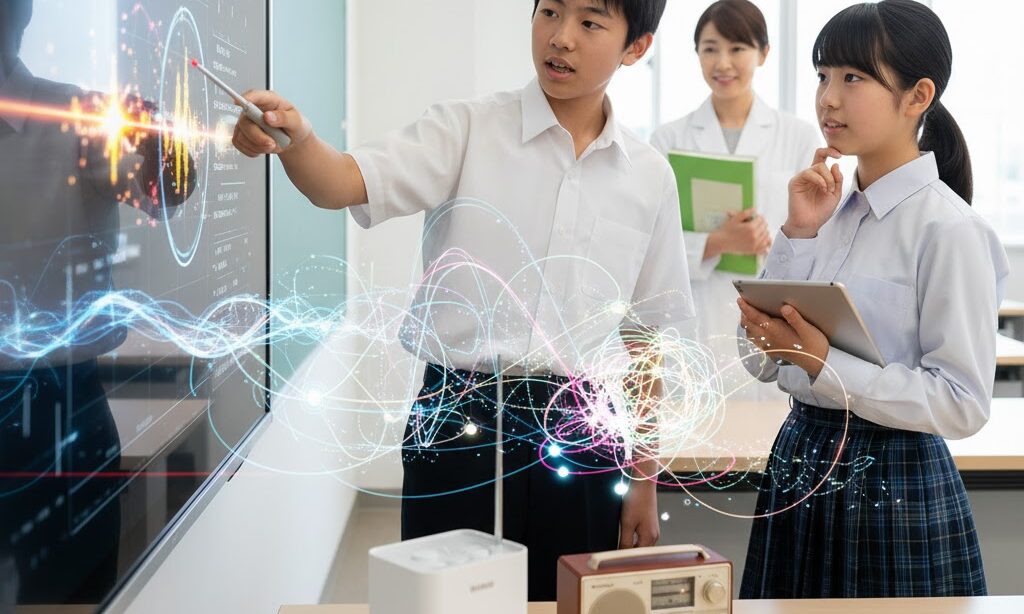 中学生が防災ラジオについて必要性を学んでいる様子