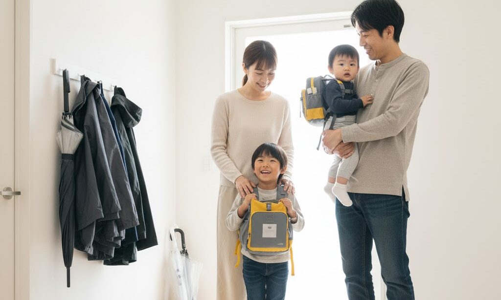 避難準備を整え、防災リュックを背負って玄関に立つ日本人家族|防災対策の総仕上げ