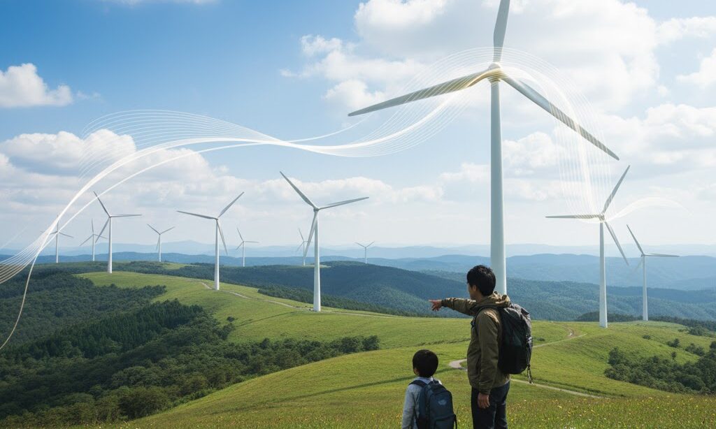 風力発電の仕組みを理解しやすいように丘の上の風車を見上げる実写風イメージ