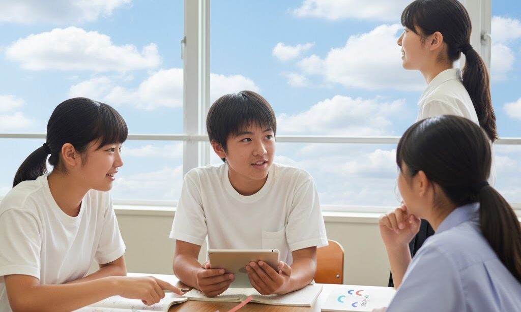 中学生が前線の種類を学んでいる様子