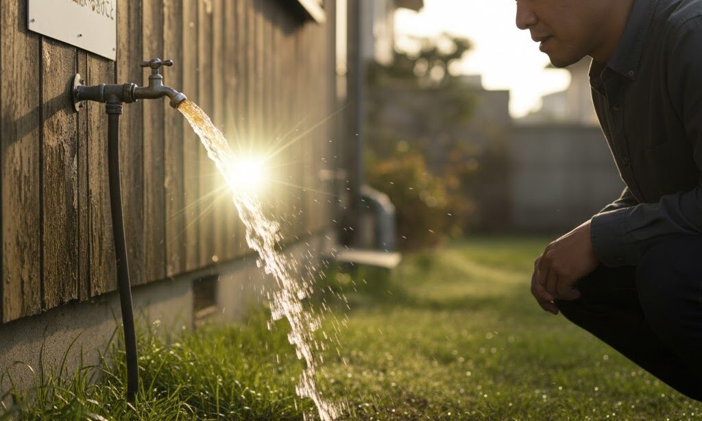 水道復旧後に屋外の蛇口から濁り水を捨てて配管内を洗浄する様子