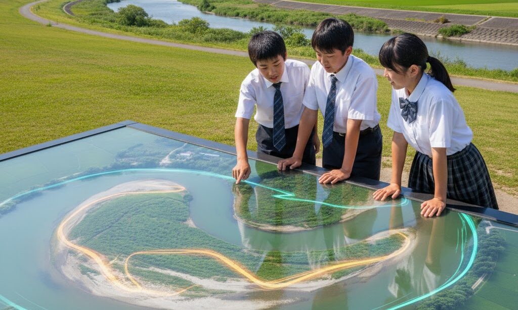 中学生が三日月湖のでき方を学んでいる様子
