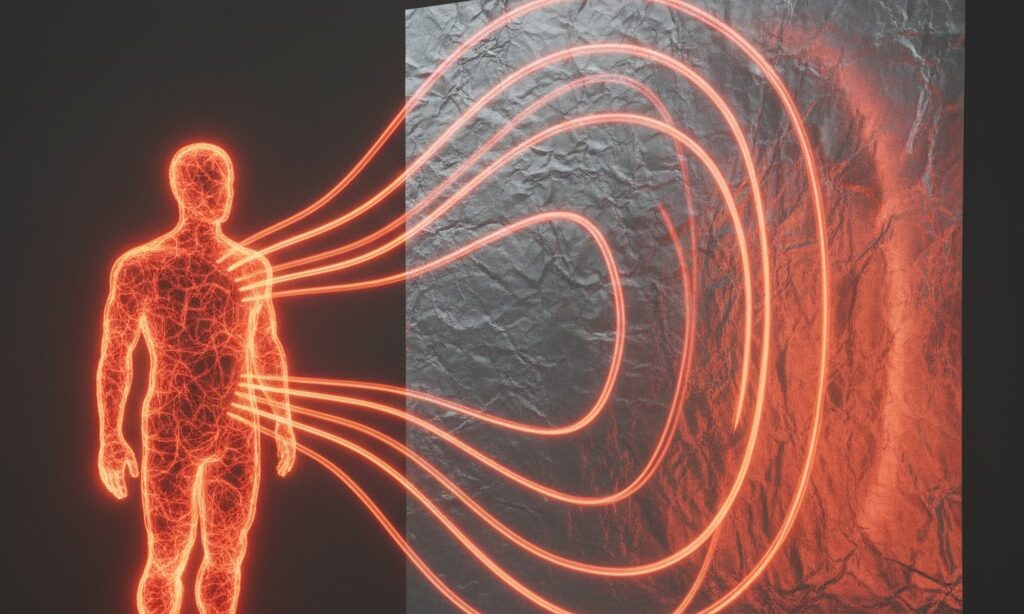 銀色のアルミ面が体の熱を反射する様子 熱の放射を防ぐ理科的仕組みを表したイメージ写真