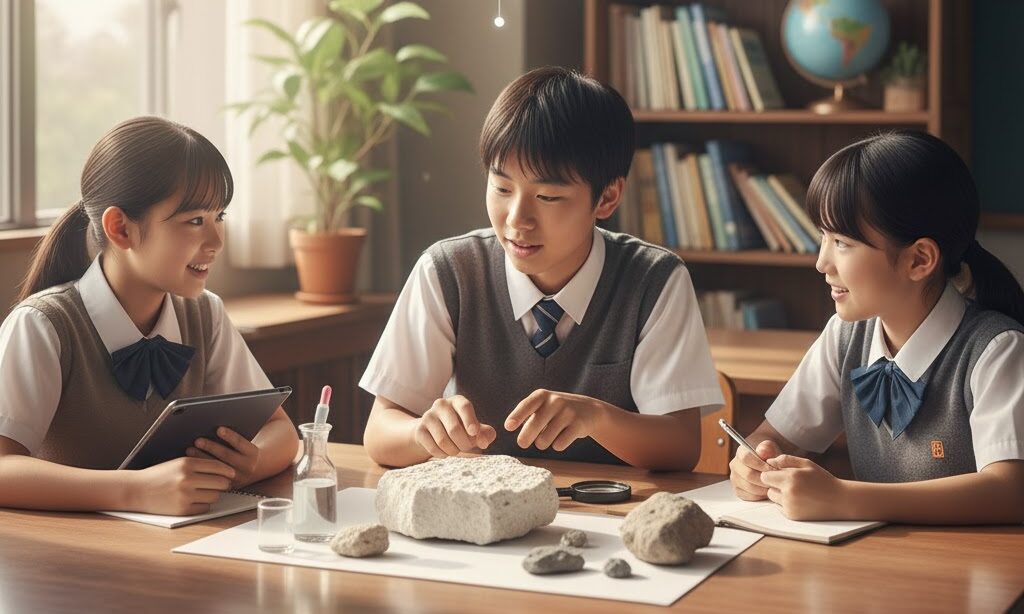 石灰岩のでき方について話し合っている中学生