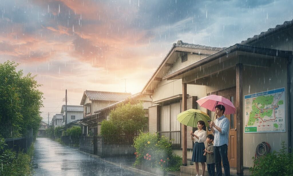 停滞前線による豪雨への備えと防災意識を示す教育イメージ写真