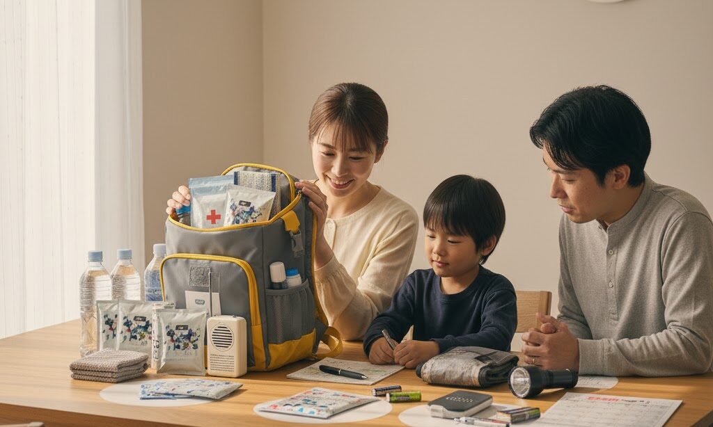 防災リュックの中身をチェックリストで定期点検する日本人家族|備蓄管理の風景