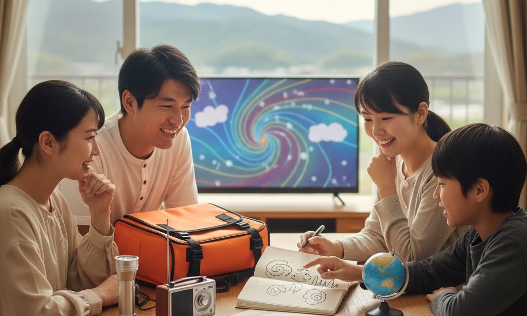地震・台風・雲の仕組みを家族で学ぶ実写風イメージ|理科の知識が防災に役立つことを示すまとめ図