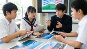 フェーン現象を学ぶ中学生