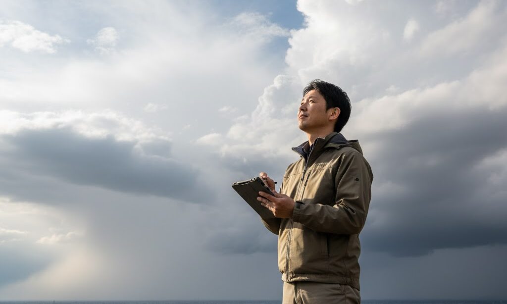 日本人防災士が空の雲を観察しながら天気を確認する実写風シーン。前線ごとの注意点を伝える信頼感ある教育的構図。