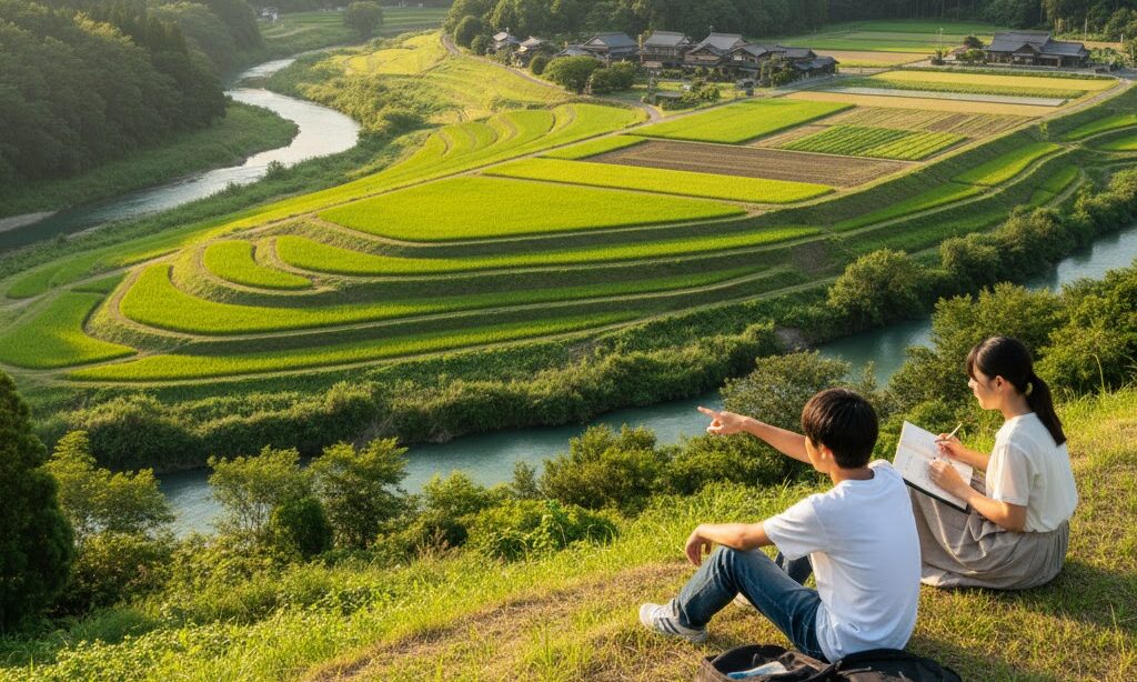 中学生が河岸段丘のでき方について学んでいるところ