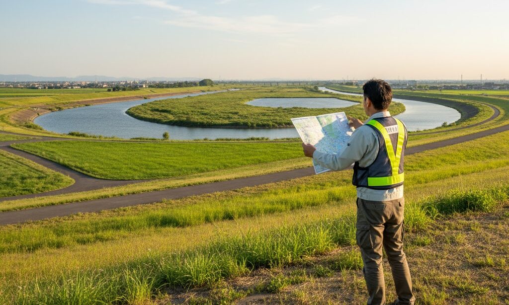 三日月湖の成り立ちを防災視点で学ぶ 防災士が地図を見る風景