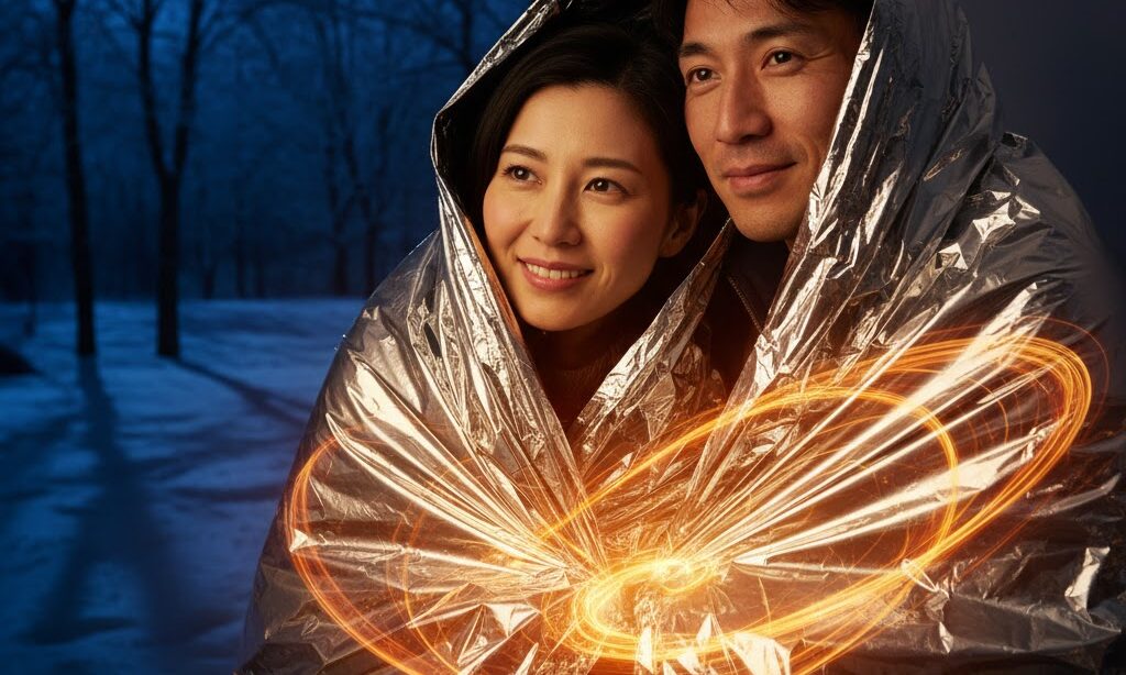 アルミブランケットで体を包み温まる日本人家族 防災士が教える熱の伝わり方と仕組みの実写イメージ