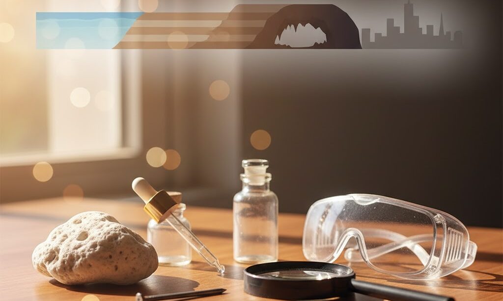 石灰岩の実験道具と石標本を並べた理科机の静物写真 でき方と見分け方を総復習する教育用イメージ