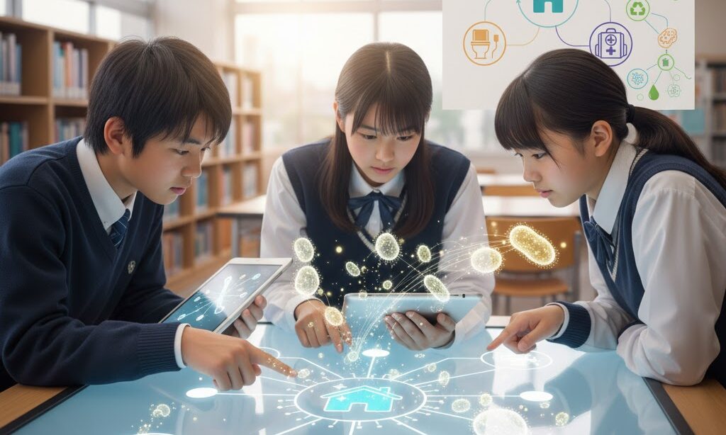 中学生が微生物と分解の仕組みを学んでいる様子