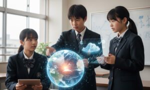 3人の日本人の制服を着た中学生が教室で地球温暖化について話し合っている