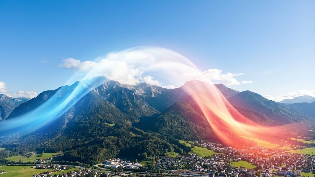 山を越えて湿った空気が上昇し乾いた空気が下降するフェーン現象の流れを示した実写風まとめイメージ