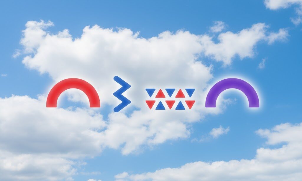 青空と白い雲の中に、赤・青・紫の前線をイメージさせる抽象的な色帯を浮かべた実写風構図。子どもが楽しく学べる教育的イメージ。