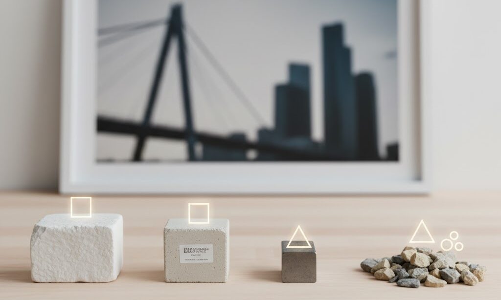 石灰岩がセメントや鉄鋼などインフラに使われる様子を象徴する静物構図 日本の産業を支える資源としての石灰岩