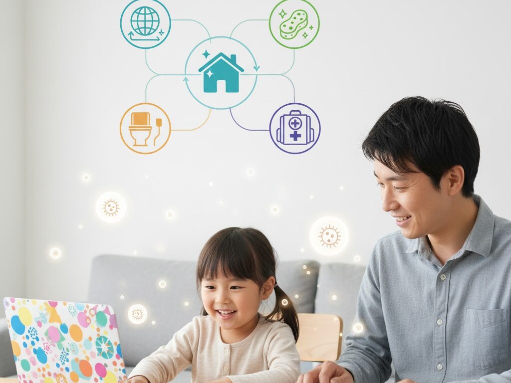 微生物の分解と防災を学ぶ親子の実写風イメージ。衛生知識の重要性を表現