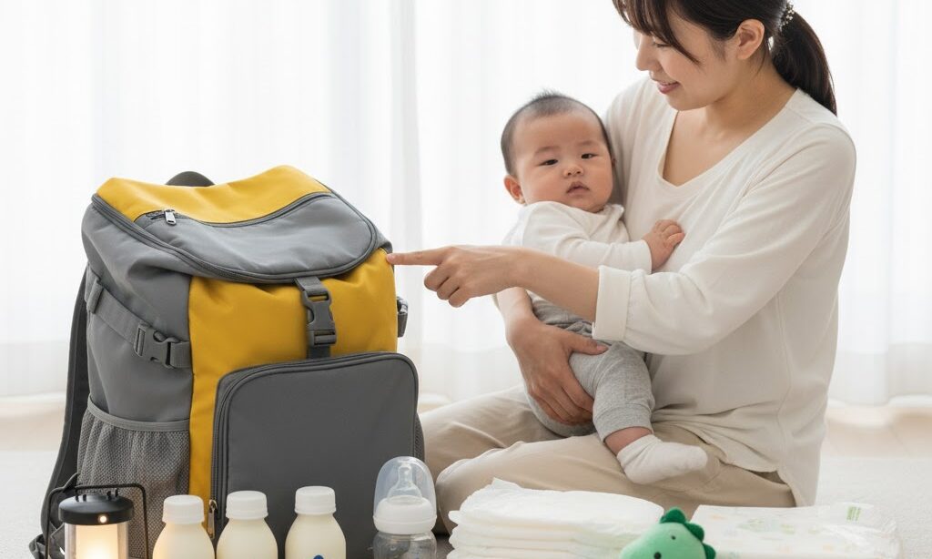 乳幼児用のミルクや紙おむつを防災リュックと一緒に準備する日本人親子の様子