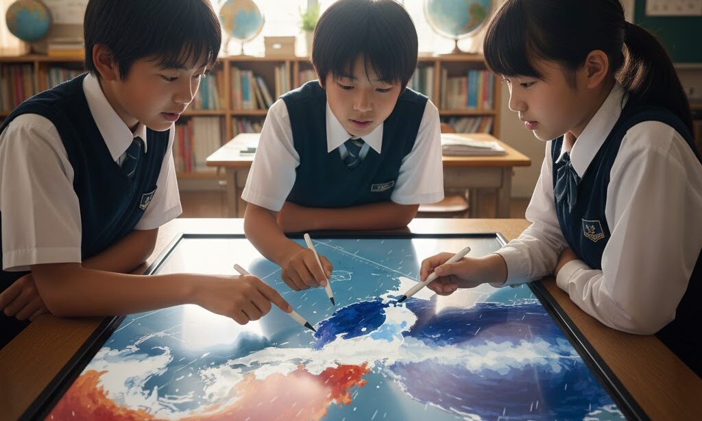 中学生が停滞前線のでき方について学んでいる様子