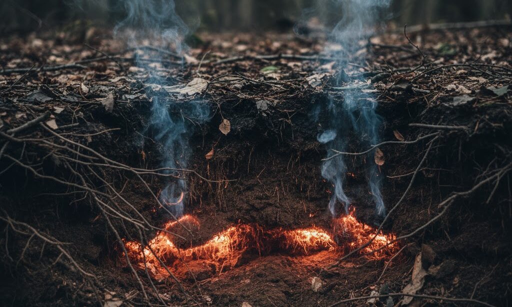 山火事 なぜ起こる|地中火がくすぶり続ける泥炭層の危険性を示す実写風断面