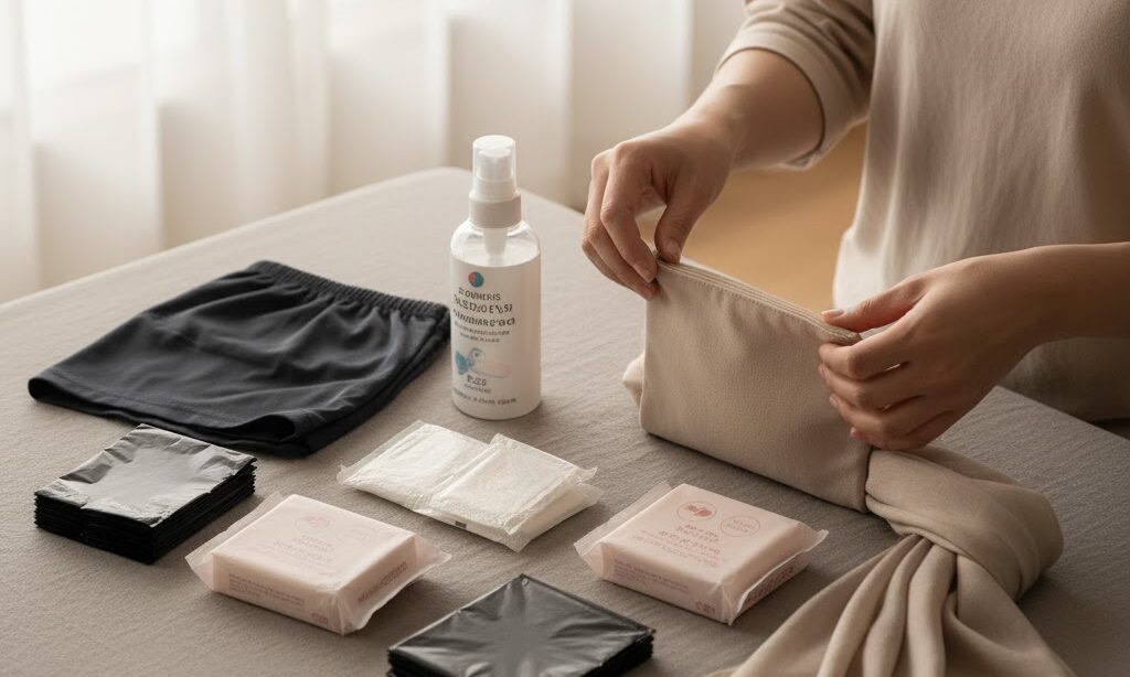 女性のための防災リュックに入れる生理用品や衛生用品を整理する日本人女性の手元