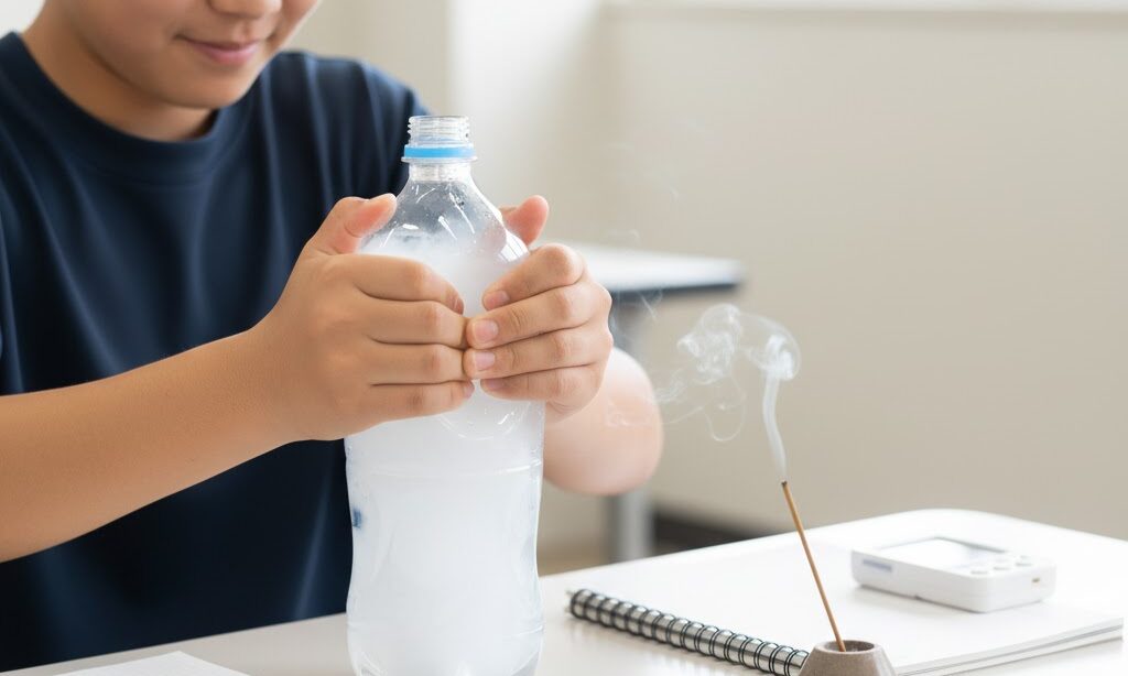 ペットボトルで雲を作る実験の実写風イメージ|上昇気流と断熱膨張を再現する理科実験の様子
