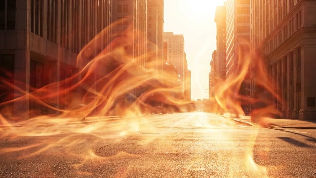 都市部が熱気に包まれる様子を示した実写風の高温環境イメージ