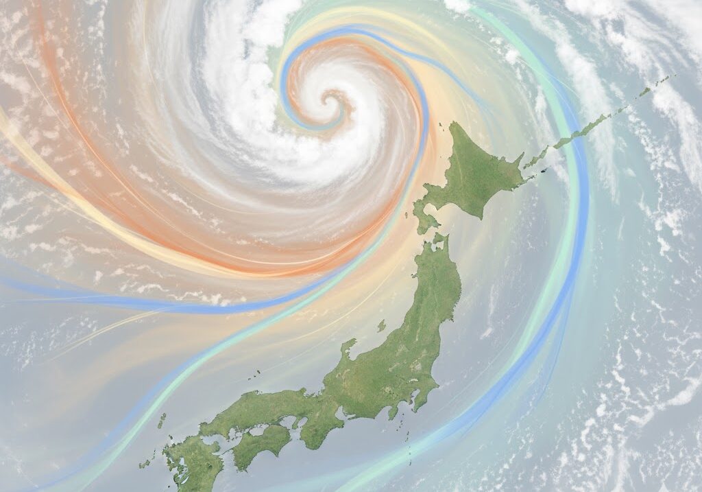 日本上空の空気の流れを抽象化した実写風構図。暖気と寒気が渦を巻きながら交わる様子を教育的に表現。