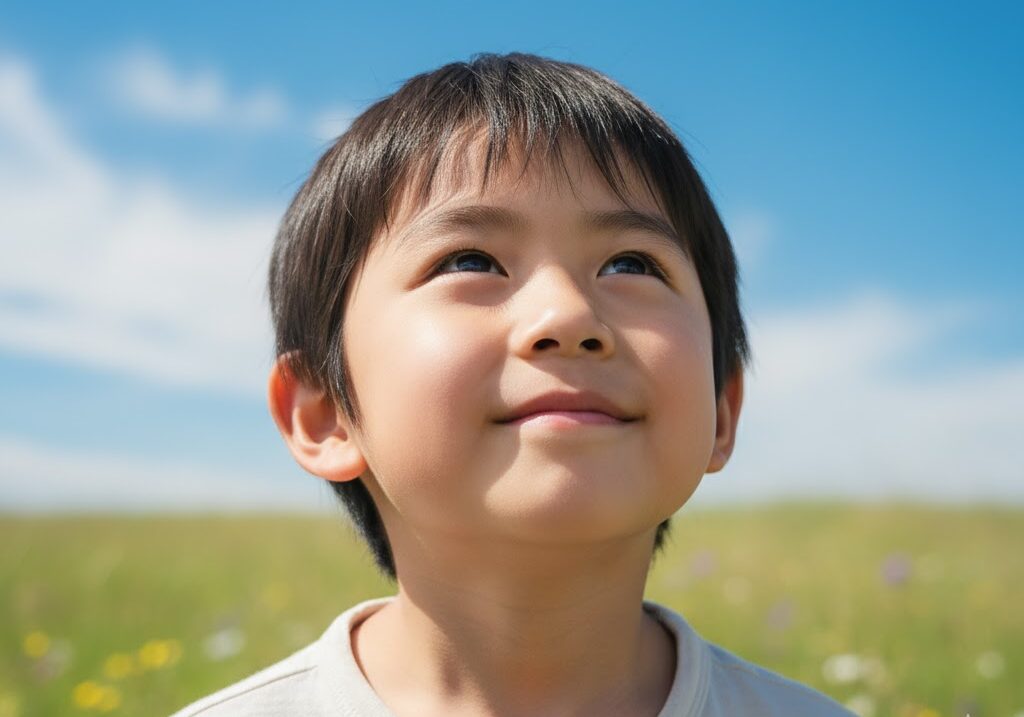 空を見上げて地球の不思議を感じる子ども 科学への興味を表現