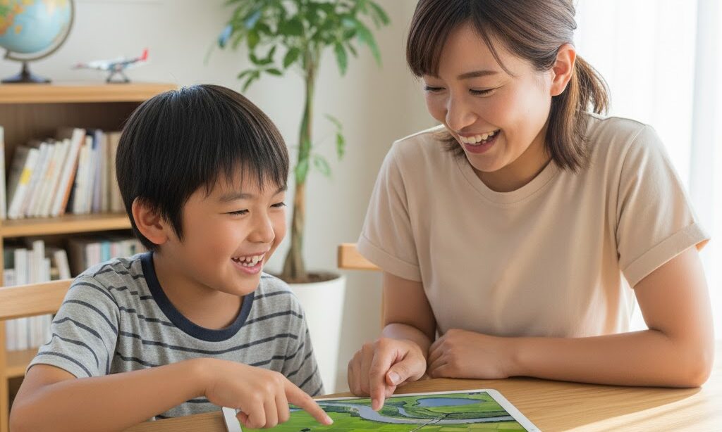 地図や航空写真で昔の川跡を探す子どもと防災学習のシーン